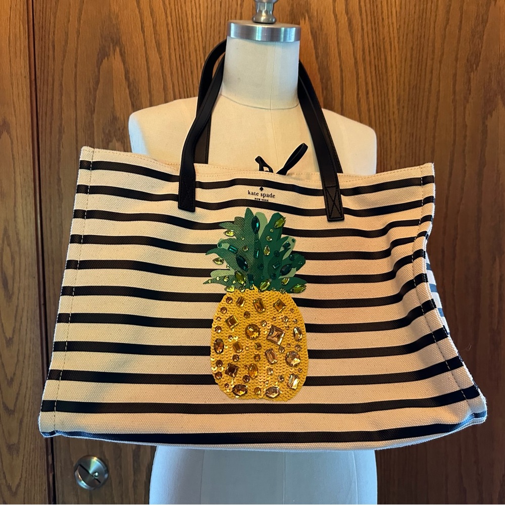 Kate Spade large Pineapple by the pool  canvas and leather tote.